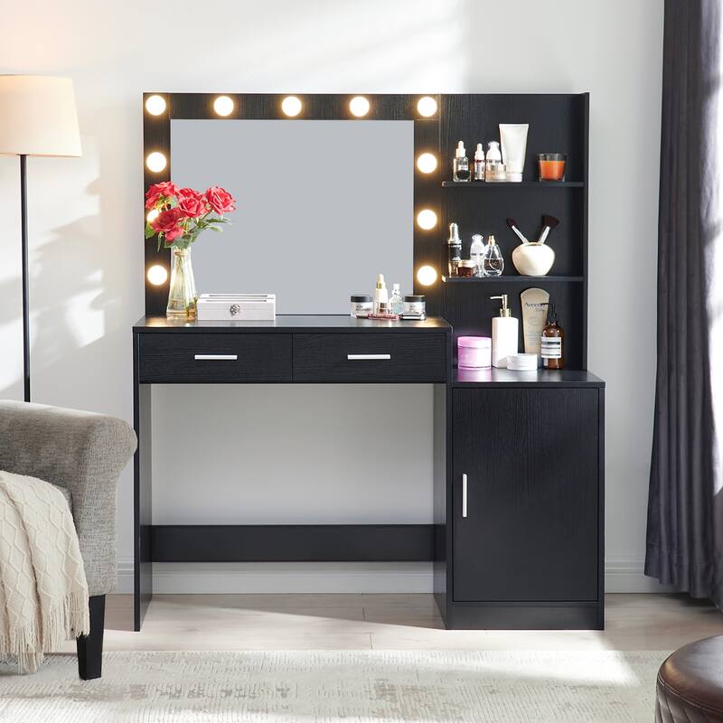 Vanity Desk with Mirror and Lights, with 2 Drawer&Vertical Organizer, 3 Level Dresser & 3 Lighting Modes Adjustable Brightness - Black