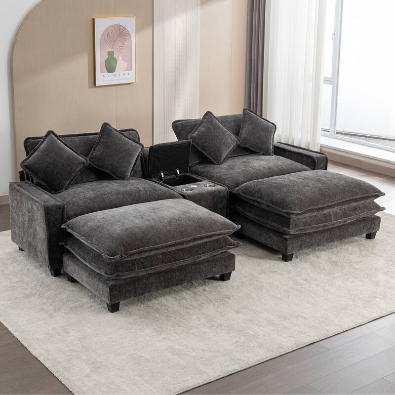 111" Grey Chenille Sectional Sofa with 2 Removable Ottomans, USB Ports, Cup Holders & Storage Box