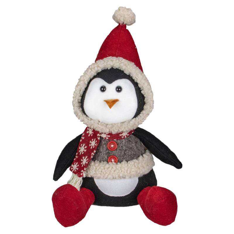 15-Inch Red White and Gray Sitting Winter Penguin Christmas Tabletop Decoration - 15"