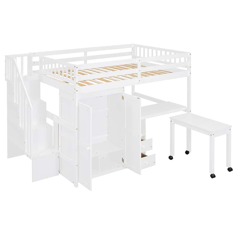 Full Loft Bed with Stairs & Built-in Desk and 5-in-1 Storage, 350lb Capacity