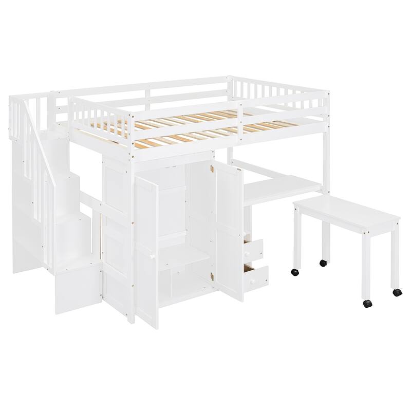 Multifunctional Full Size Loft Bed with Stairs, Bookshelf, Drawers, Desk & Wardrobe - White