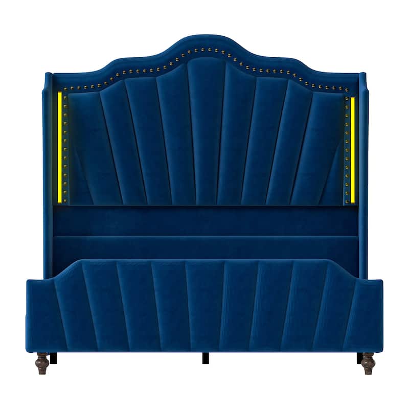 Moasis Queen Size Velvet Upholstered Platform Bed Frame with Wingback Headboard & LED Light