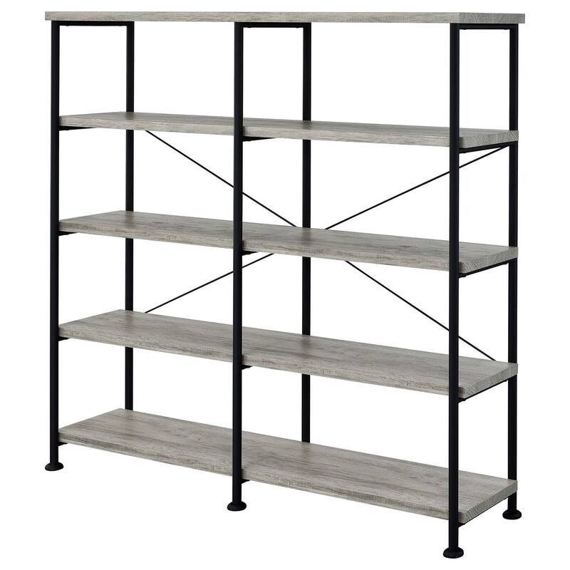 4-Shelf Open Bookcase Grey Driftwood Transitional Storage Organizer with Modern Industrial Design Accents