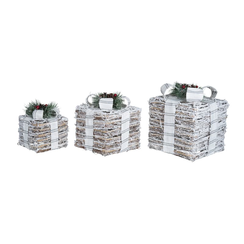 Transpac Metal 12.99 in. Silver Christmas Light Up Ticking Stripe Bow Present Decor Set of 3