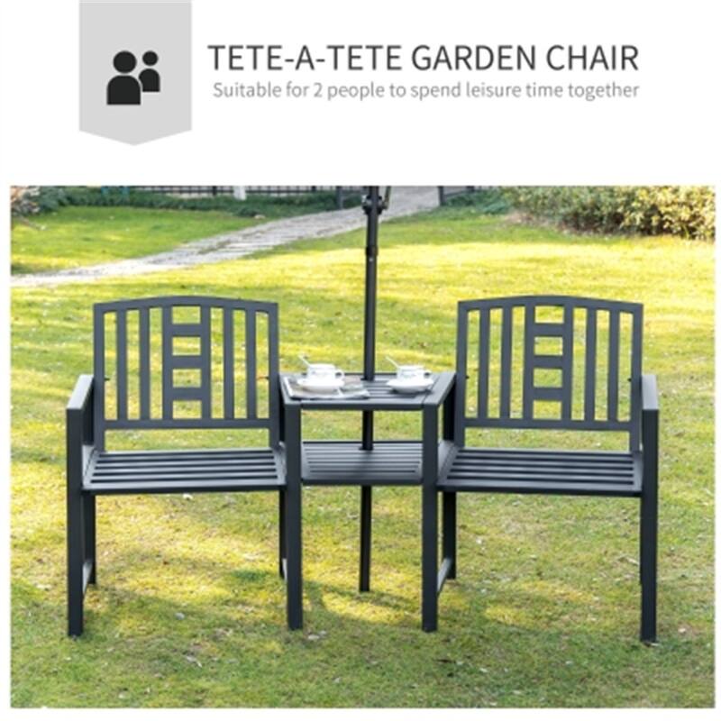 Outdoor Black Metal Garden Loveseat with Tea Table Two Seat Patio Bench for Backyard Porch and Patio - 65" L x 24" W x 33.75" H