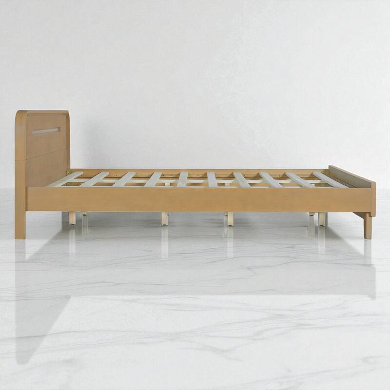 Queen/King Size Bed with Solid Pine Wood Frame, No Box Spring, Stable, Elegant Headboard