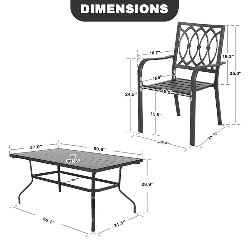 Metal Outdoor Dining Set with Umbrella Hole and Stackable Chairs