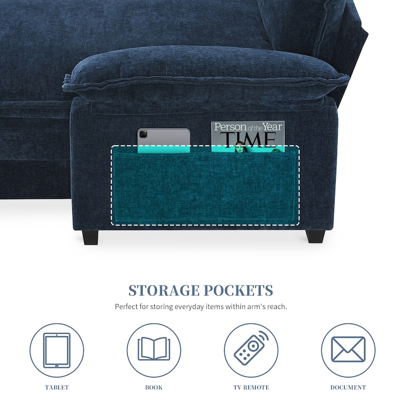 Chenille Upholstered Sectional Sofa with Chaise and Storage Pockets, 5 Seat Lounge Cloud Couch L-shaped Recliner Couches