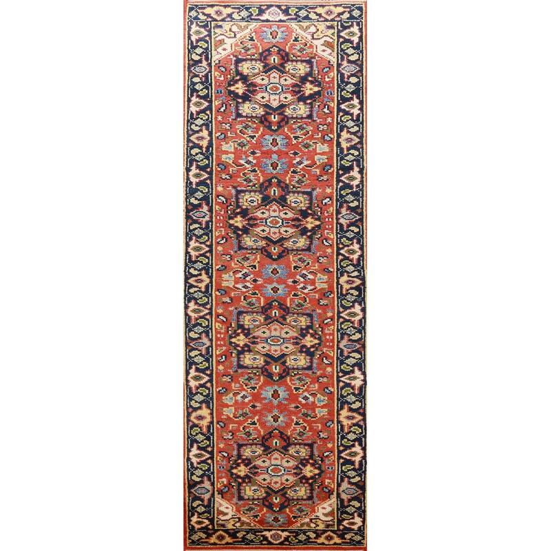 Hand Knotted Oriental 100% Wool Carpet Traditional Geometric Oranges & Rust Heriz (serapi) Runner Rug - 9' 9'' X 2' 6''