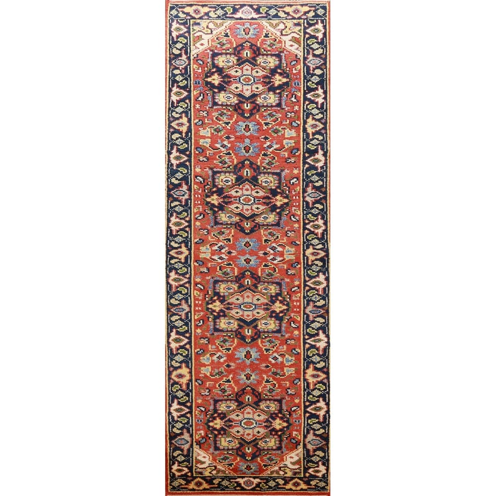 Hand Knotted Oriental 100% Wool Carpet Traditional Geometric Oranges & Rust Heriz (serapi) Runner Rug - 9' 9'' X 2' 6''