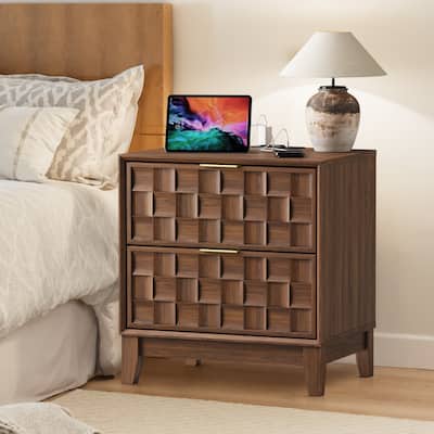 22" Modern Nightstand with Charging Station & 2 Drawers - Compact Bedroom Side Table​
