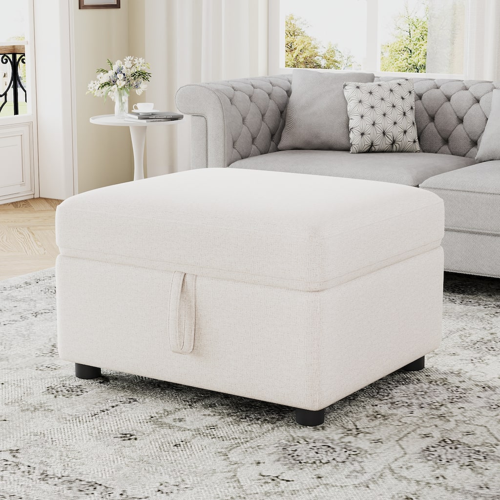 Roomfitters Large Storage Ottoman Footrest, Plush Chenille Fabric with Hidden Compartment for Living Room, Beige