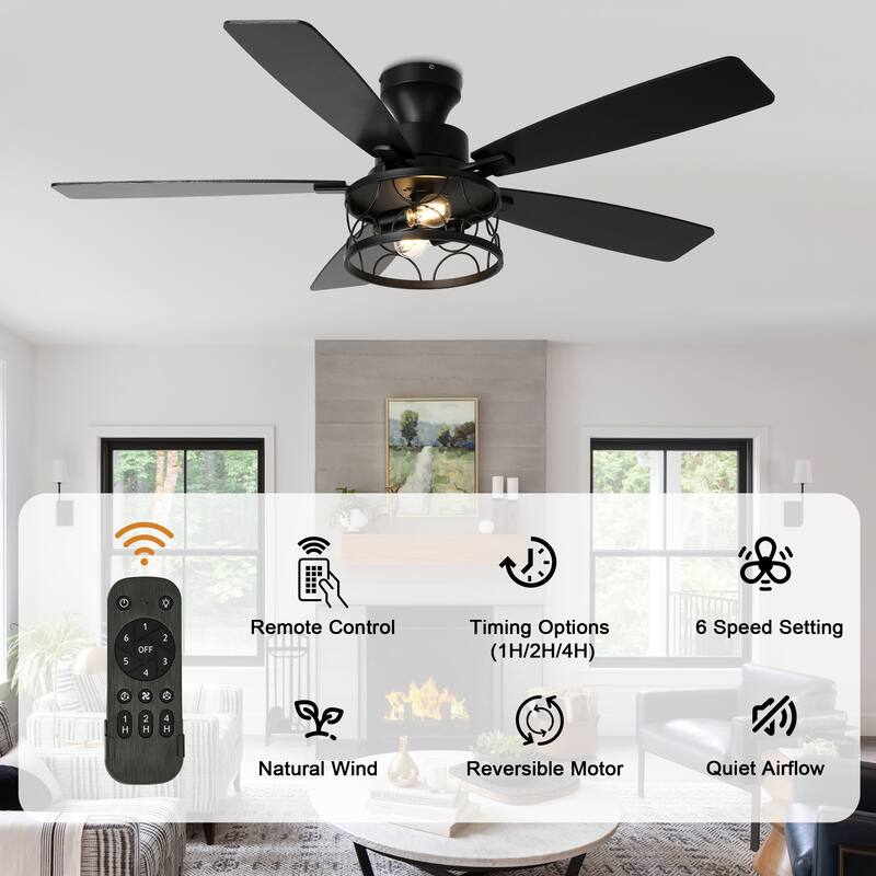 Bella Depot 52" Black Low Profile Ceiling Fan with Light and Remote Control