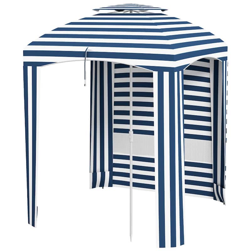 Outsunny 5.8 Ft Beach Umbrella with Polyester Canopy and Removable Side Panels Fringed Ruffles Wind Resistant - Dark blue
