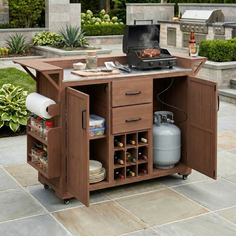 60" Rolling Outdoor Kitchen Island with Stainless Steel Top, Wood BBQ Prep Cart with Wine Rack & Drawers
