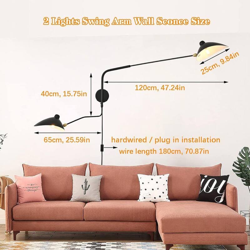 Modern Swing Arm Wall Sconce Plug in 2-Lights Black Wall Lights