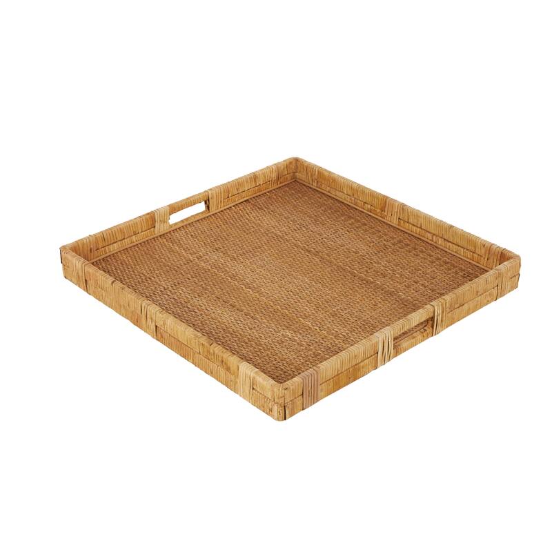 Brown Rattan Handmade Woven Living Room Decor Tray with Slot Handles - 22"W x 23"L x 3"H