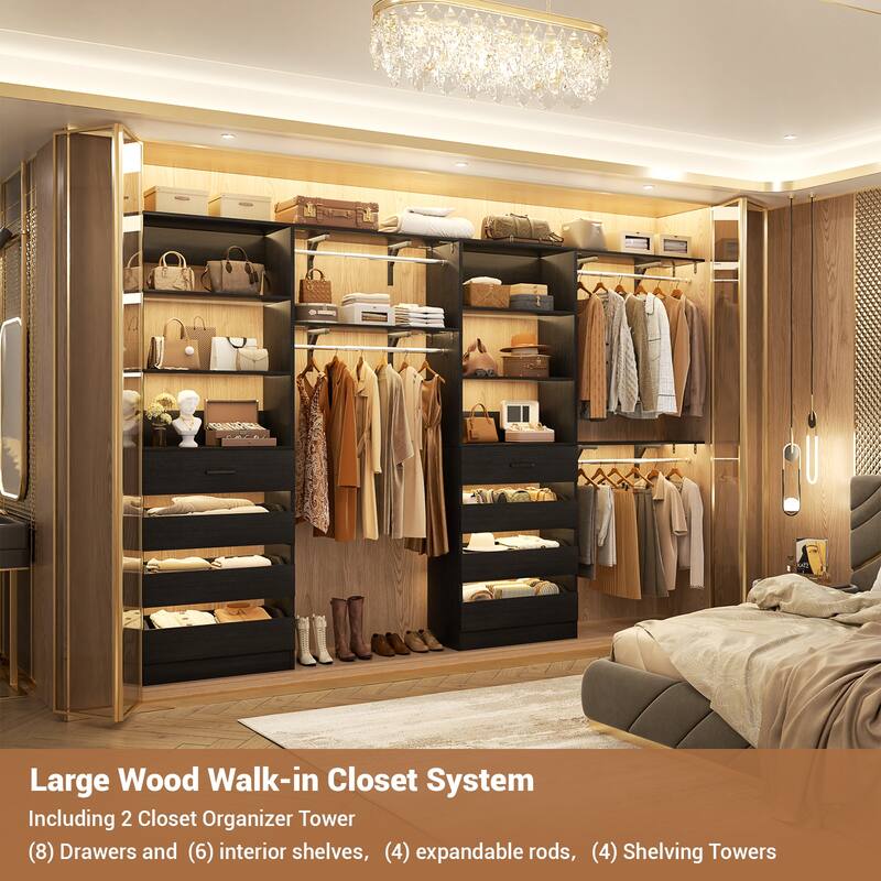 Set of 2 Closet System with Wooden Drawers and Hanging Rods, Closet Organizer with Adjustable Storage Shelves
