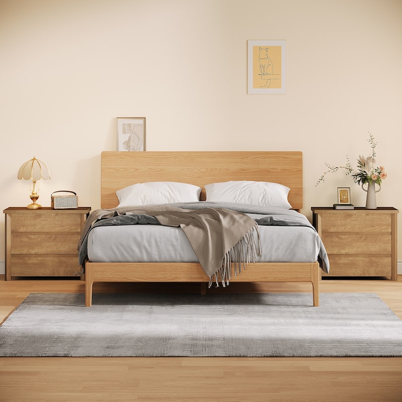 Wood Nightstand with 3 Drawers, Farmhouse Large Bedside Table with Storage