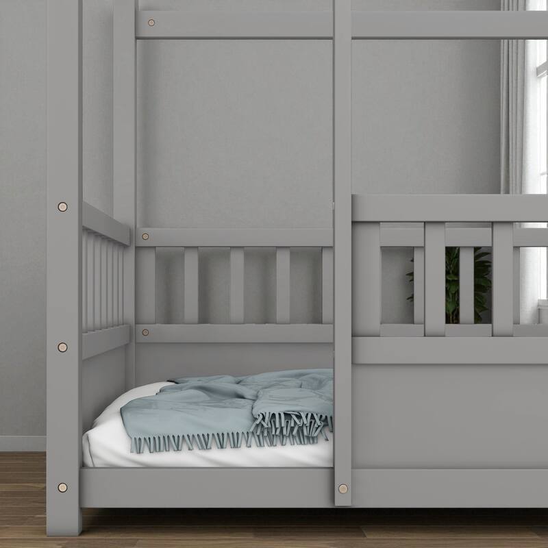 Twin/Full Wooden House Frame Floor Bed with Fence Guardrails, Montessori Style Kids Bed, Pine Wood Low Profile Design