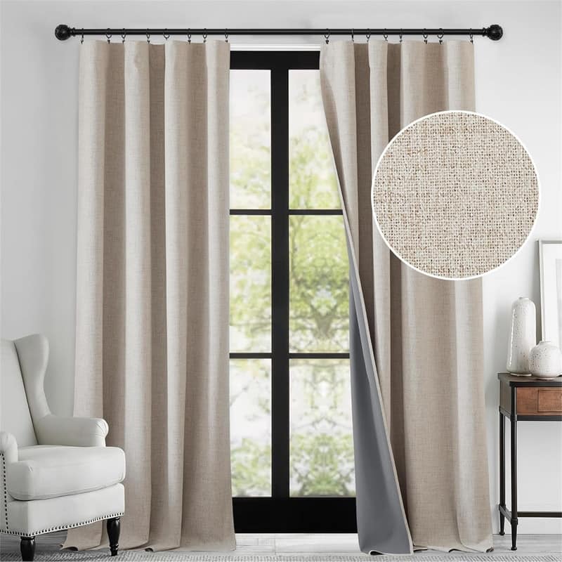 Beige Linen Blackout Curtains 52x84" Sliding Door