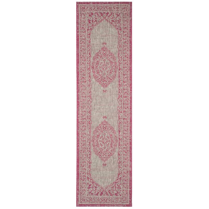 SAFAVIEH Courtyard Thoma Medallion Indoor/ Outdoor Waterproof Patio Backyard Rug - 2'3" x 12' Runner - Light Grey/Fuchsia