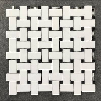 Thassos White with Black Dot 1 x 2 Basketweave Marble Mosaic Tiles - Case (5 Sheets)