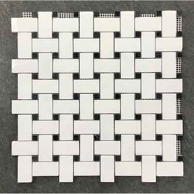 Thassos White with Black Dot 1 x 2 Basketweave Marble Mosaic Tiles - Case (5 Sheets)