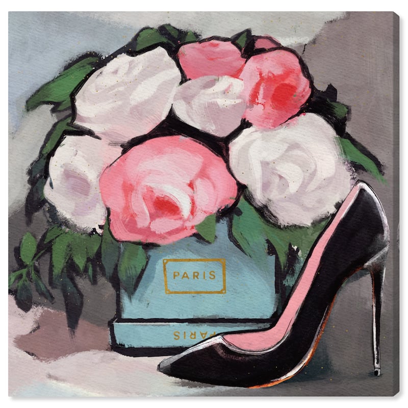 Wynwood Studio Canvas Fashion and Glam Heels over Peonies Pink and Turquoise Glam Wall Art Canvas Print
