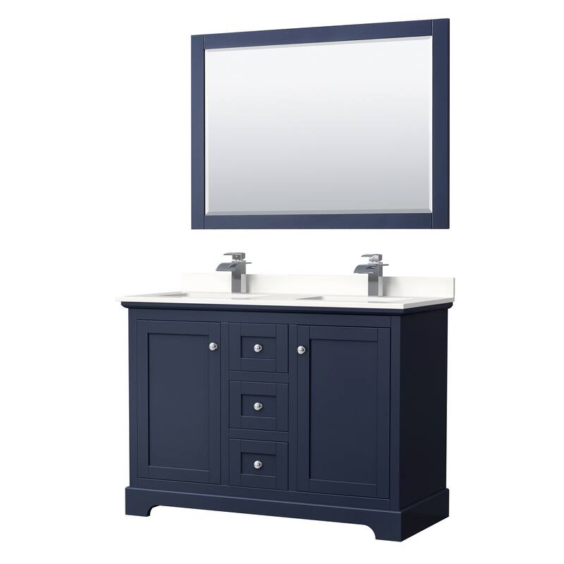 Avery 48-inch Double Vanity, Quartz Top, 46-inch Mirror - Dark Blue, Chrome Trim, White Quartz Top