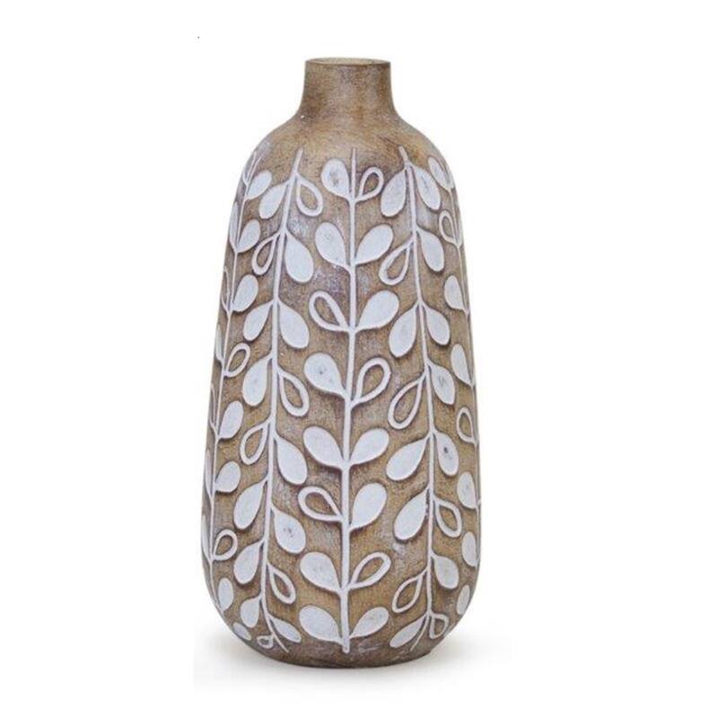 HomeRoots Set of three 9" Polyresin Brown and White Leaf Round Table Vase - 4.25
