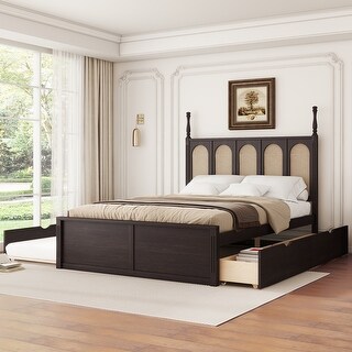 Queen Size Rattan Platform Bed with 2 Drawers, Wooden Bed with Twin Trundle, Space-saving Bed with Rattan Headboard, Brown