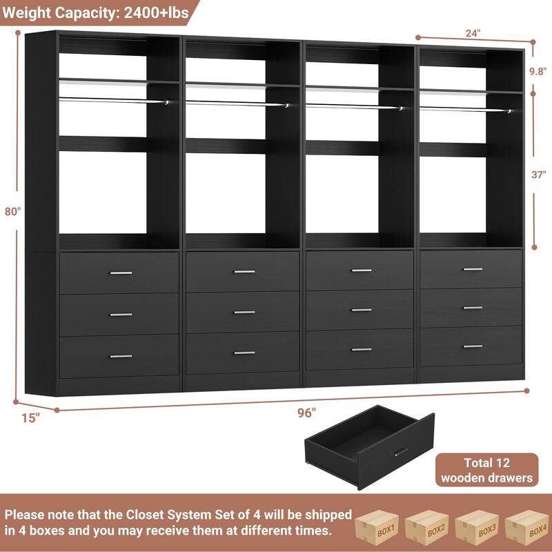 Kyrvo Freestanding Closet Sytem with 3 Wooden Drawers and Hanging Rod and Storage Shelf, Walk-in Closet Organizer Wardrobe