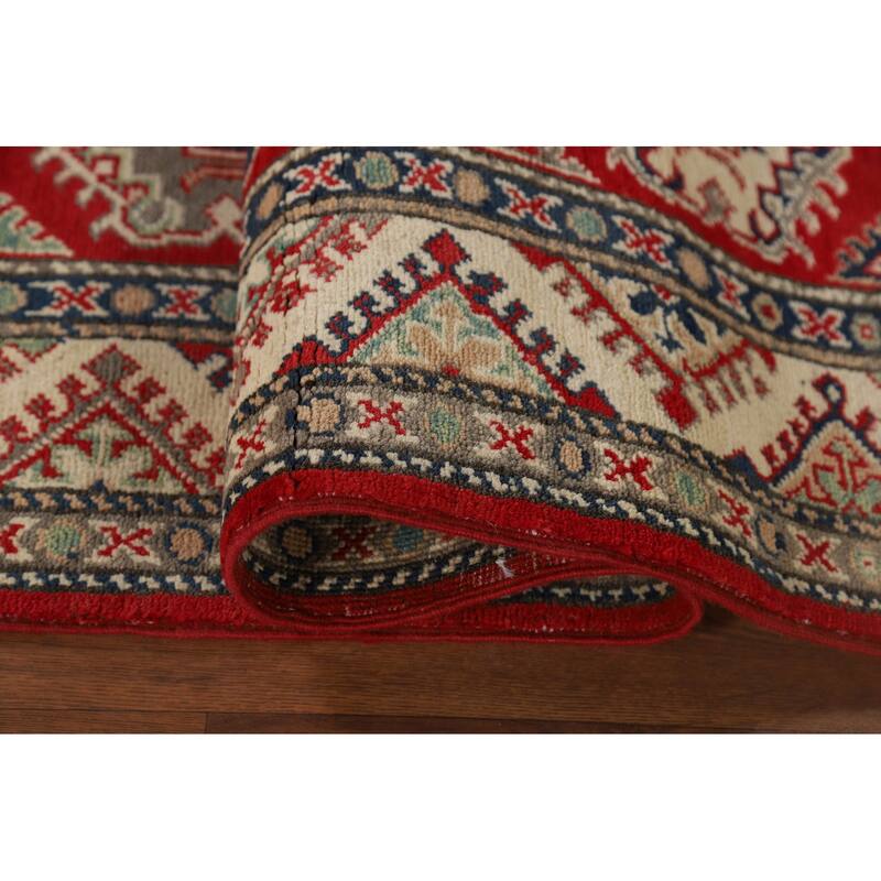 Red Geometric Kazak Oriental Runner Rug Hand-Knotted Foyer Wool Carpet - 2'9" x 10'9"