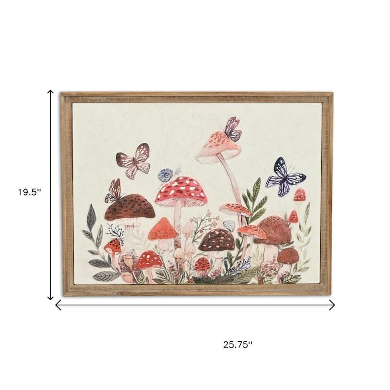 HomeRoots 20" X 26" Natural And White Butterflies and Mushrooms Metal Framed Art