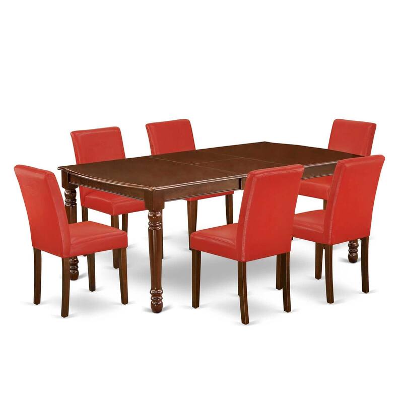 Medieval Dining Set 7Pc Rectangle Table & 6 Chairs - Firebrick Red PU Leather - 60x78 Inch Table