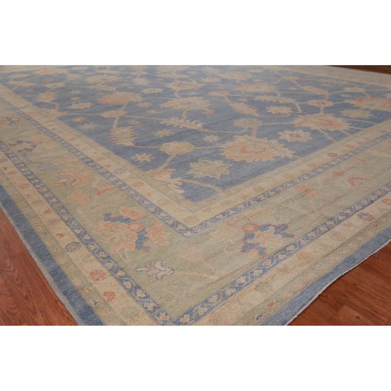 Hand Knotted Oriental 100% Wool Carpet Transitional All-Over Navy Blue & Blues Oushak Area Rug - 14' 11'' X 12' 1''