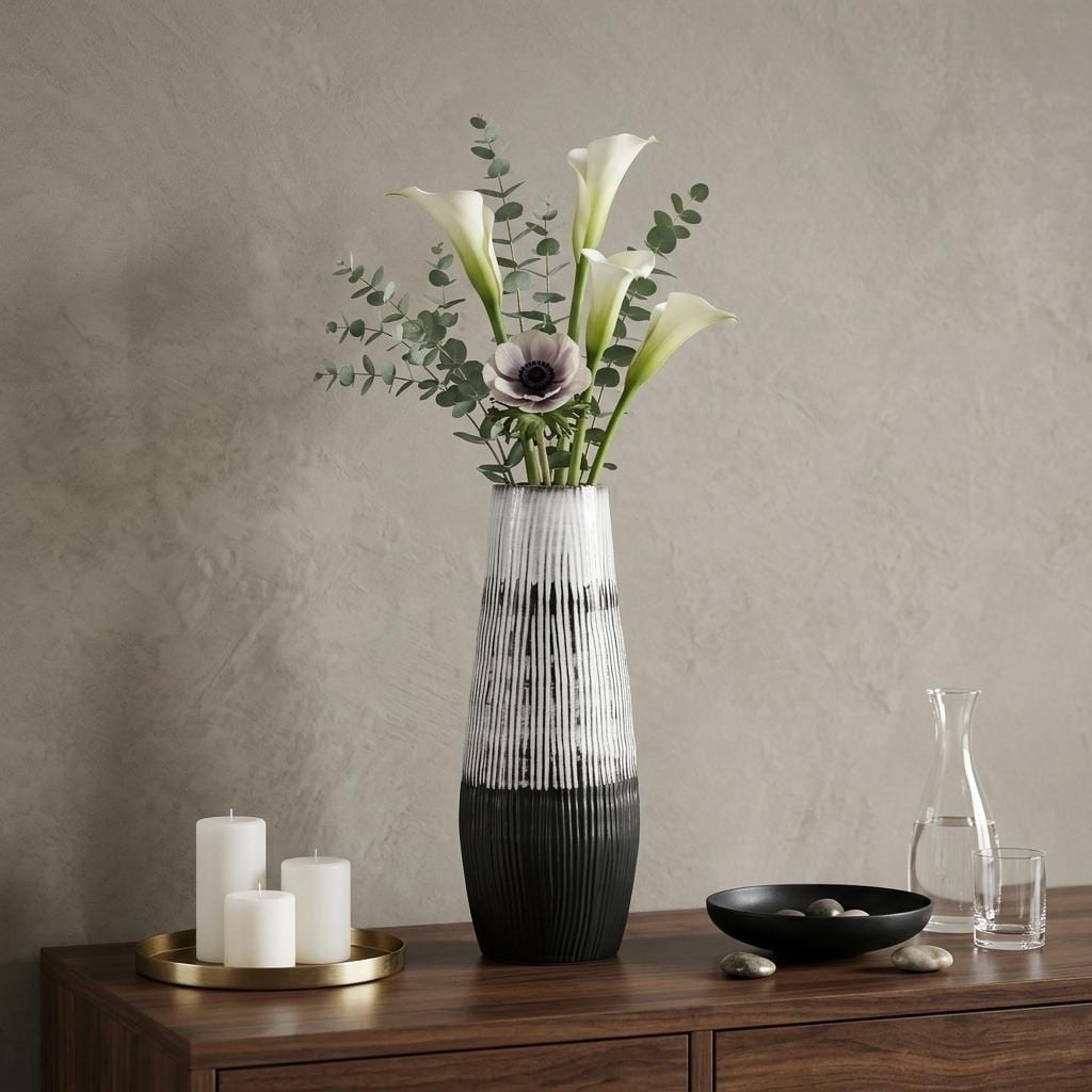 19" Black Gray And White Abstract Cylinder Ceramic Table Vase