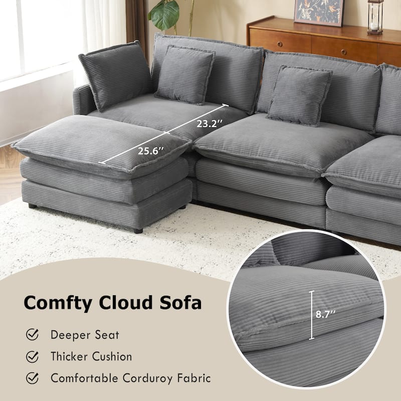 112.6" Corduroy L-Shaped Sectional Sofa with Ottoman and Storage Pockets