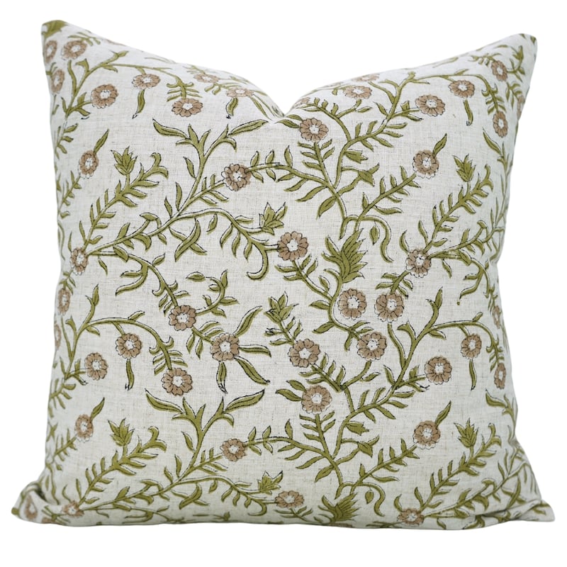 Fabdivine Decorative Floral Pillowcase Handmade Linen Block Print Accent for Sofa Kids Bed Rust Spring Décor, Sadabahar - Shehjan- Brown, Green - 24" x 24"