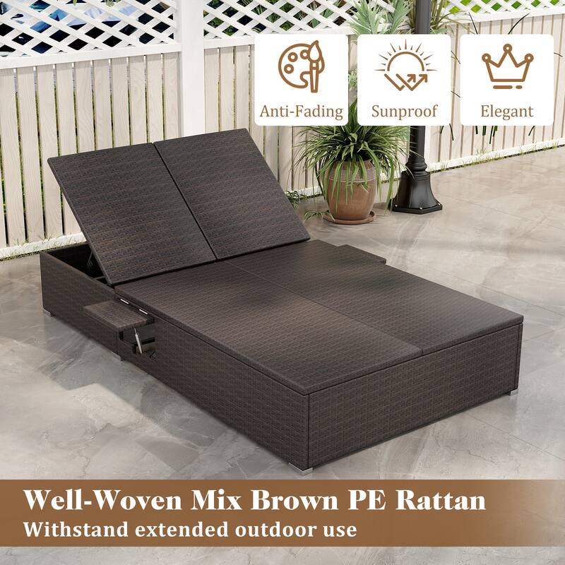 Comfortable Double Chaise Lounge with Cushions and Folding Side Tables Perfect Outdoor Relaxation - 76” L x 43” W x 13”-38” H