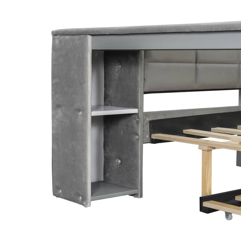 Full Size Upholstered Platform Bed with Storage Shelves Desk Charging Station and Trundle