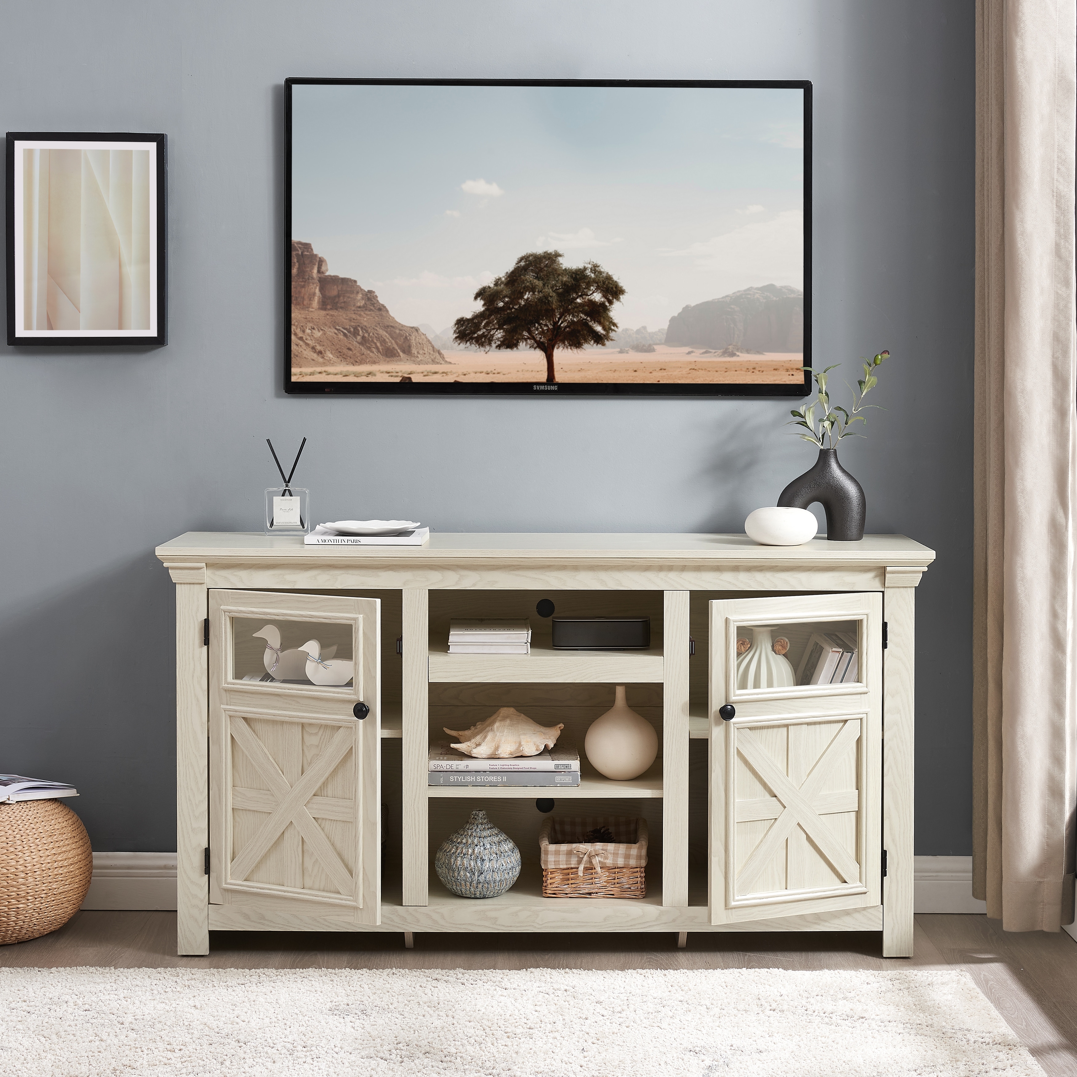Farmhouse TV Stand 2 Doors Cabinet with Open Shelves, White TV Media Console Cabinet Entertainment Center