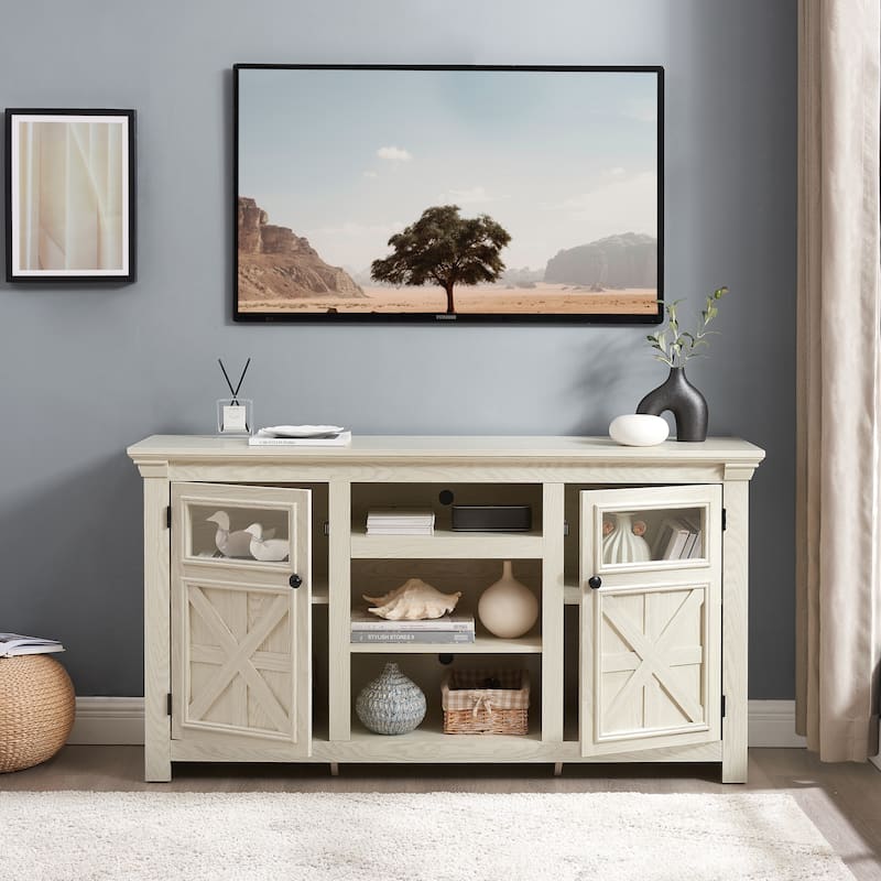 Farmhouse TV Stand 2 Doors Cabinet with Open Shelves, White TV Media Console Cabinet Entertainment Center - White