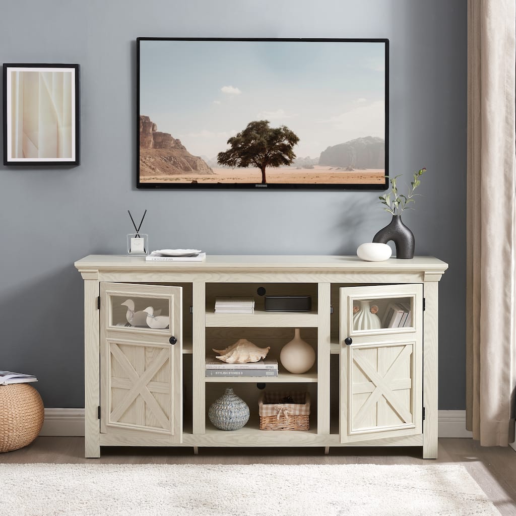 Farmhouse TV Stand 2 Doors Cabinet with Open Shelves, White TV Media Console Cabinet Entertainment Center