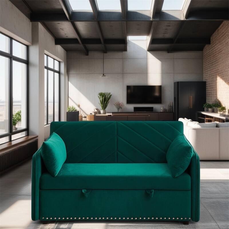 Pull-Out Velvet Sleeper Sofa Bed with USB Port and Side Pocket