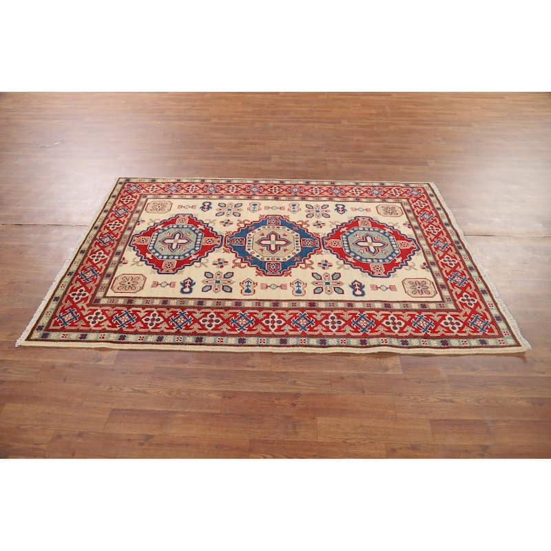 Ivory Geometric Kazak Foyer Rug Handmade Traditional Wool Carpet - 4'1" x 6'0"