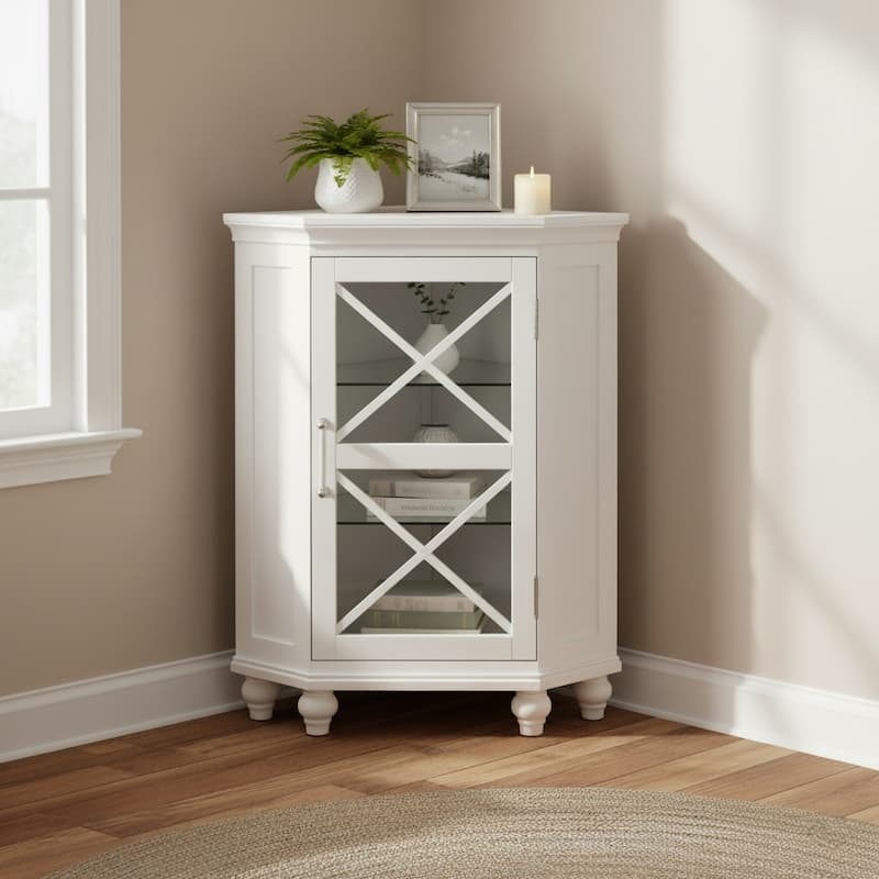 Teamson Home 25" W White Corner Freestanding Floor Cabinet, Tempered Glass Shelves, Adjustable Storage for Bathroom and Kitchen