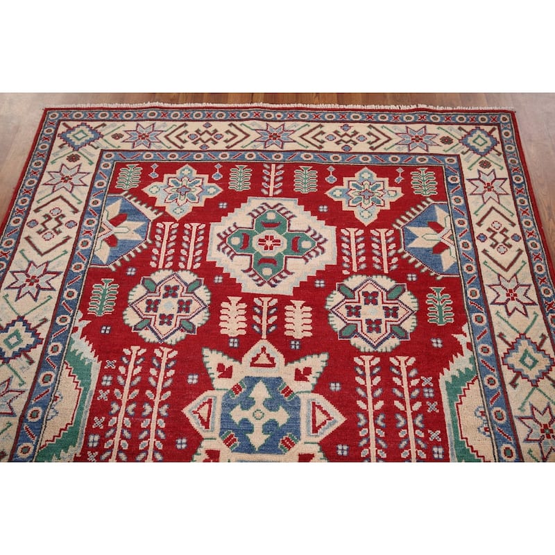 Red Kazak Oriental Area Rug Handmade Traditional Wool Carpet - 5'1" x 6'11"