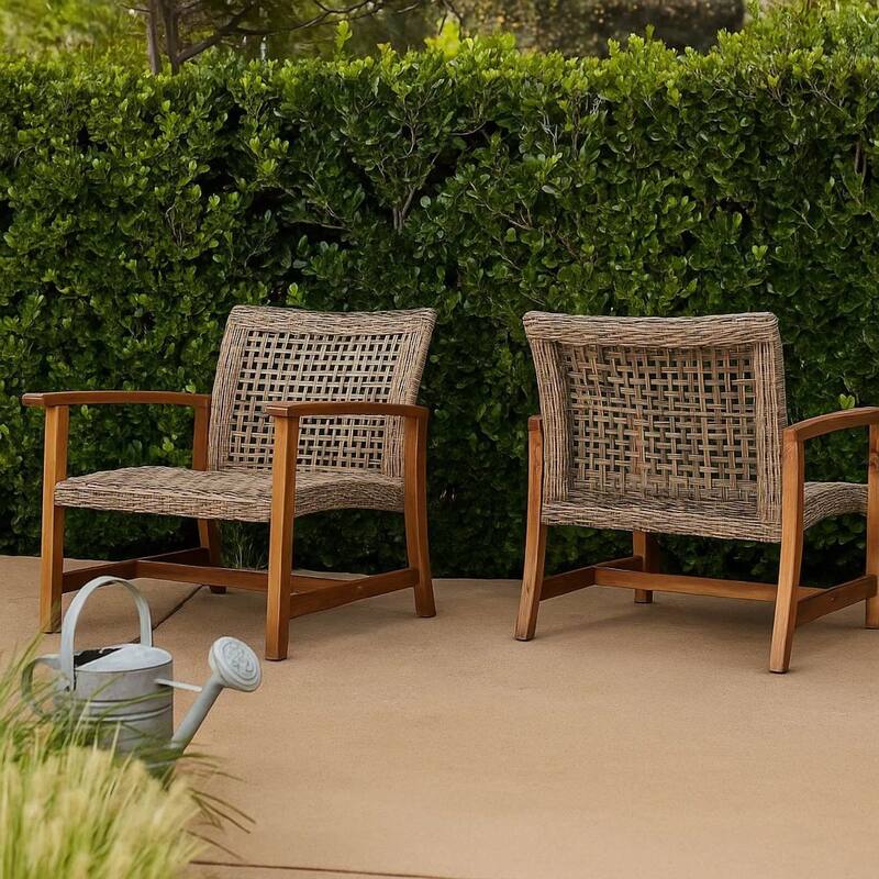 Bops Outdoor Accent Club Chair Set of 2, Brown Acacia Wood Gray Wicker